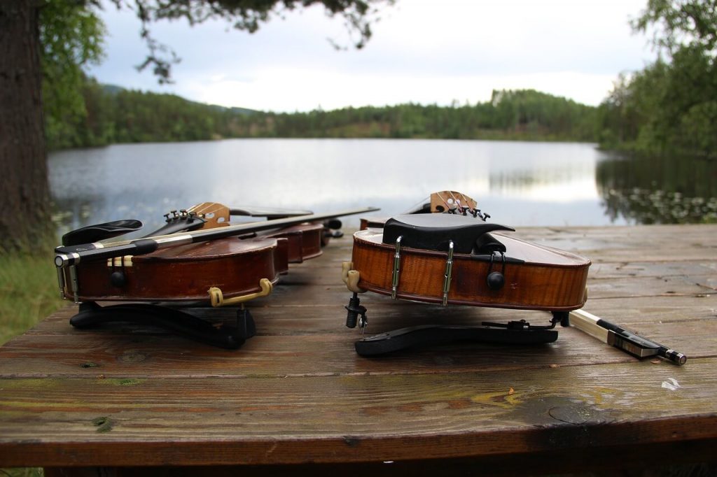 violins by lake